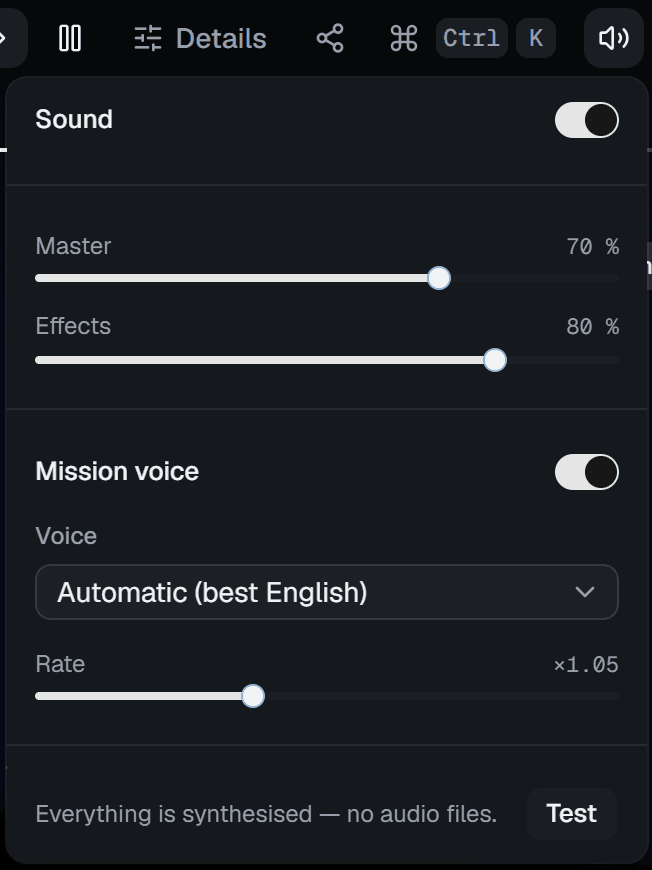 The sound settings open under the speaker button: a Sound switch, Master 70 % and Effects 80 % sliders, a Mission voice switch, a Voice menu reading Automatic (best English), a Rate slider at ×1.05, the line Everything is synthesised — no audio files, and a Test button