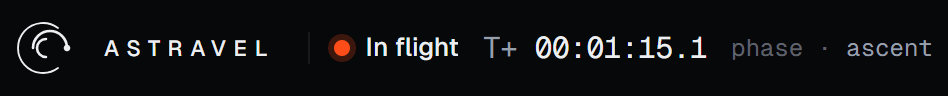 The left of the top bar: the Vivapse mark, a red dot with In flight, the mission clock T+ 00:01:15.1, and phase · ascent