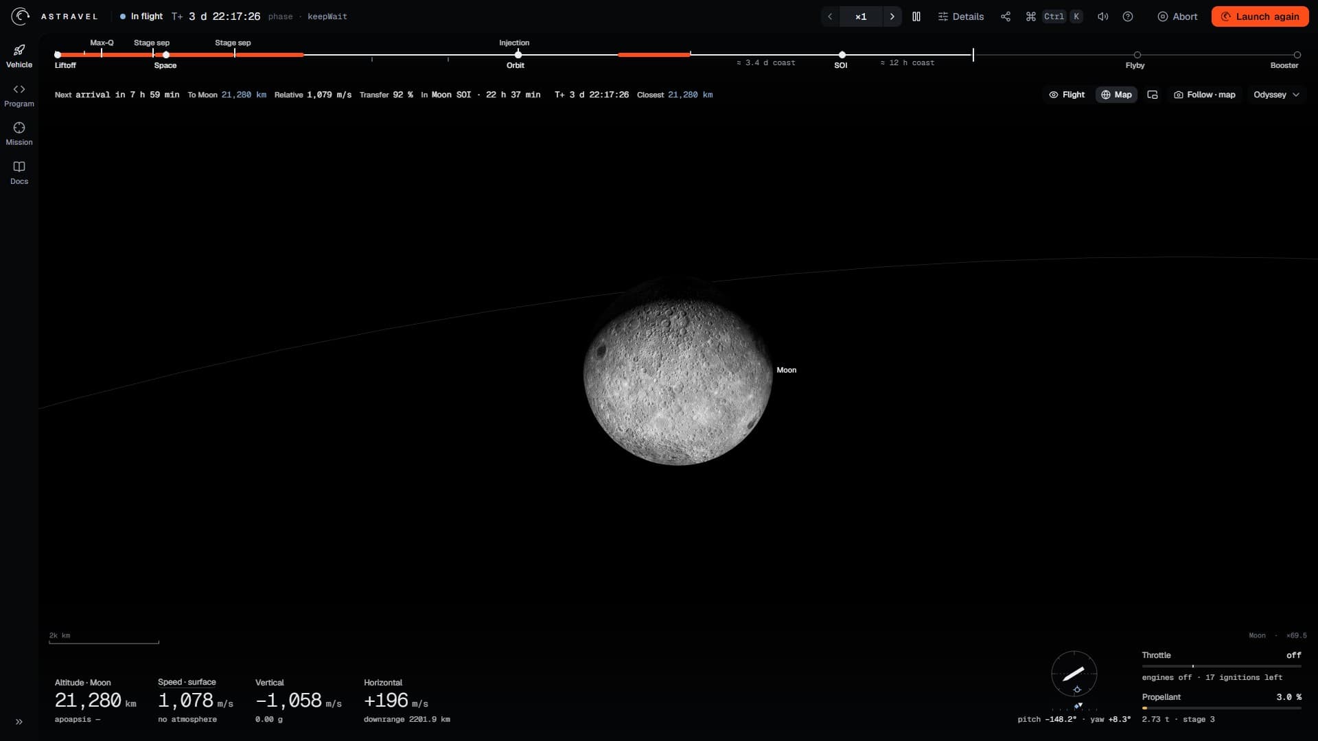 The map view zoomed into the Moon: a cratered grey globe, lit from the side, with the thin line of its orbit passing behind it, a scale bar reading 2k km and Moon · ×69.5 in the corners