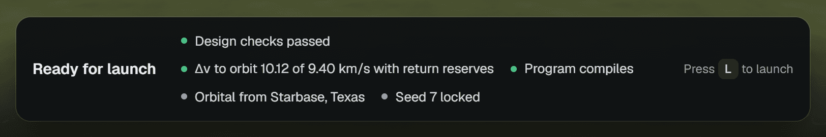 The readiness card: Ready for launch, with Design checks passed, delta-v to orbit 10.12 of 9.40 km/s with return reserves, Program compiles, Orbital from Starbase, Texas, and Seed 7 locked