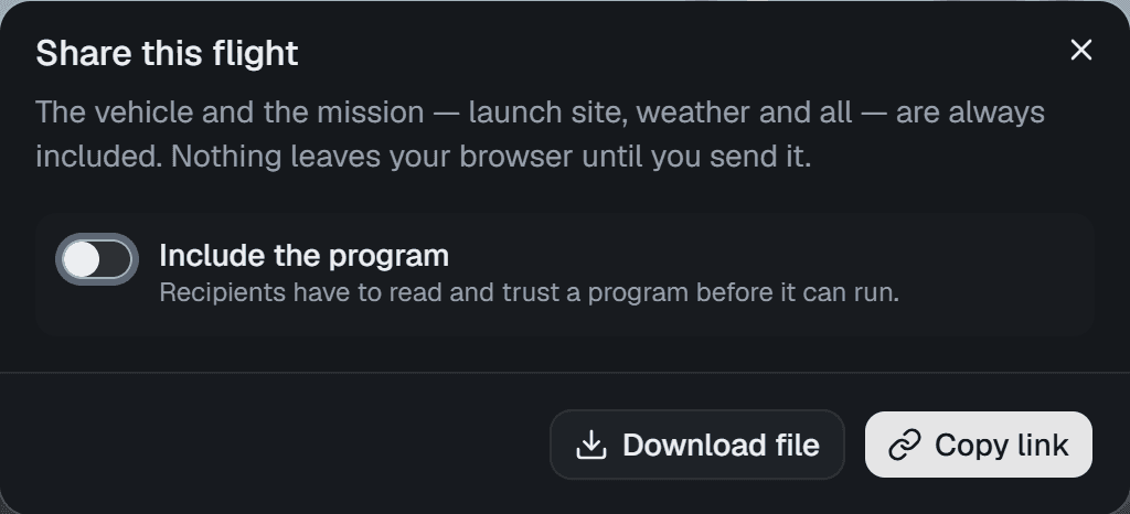 The Share this flight dialog: the Include the program switch, and the Download file and Copy link buttons