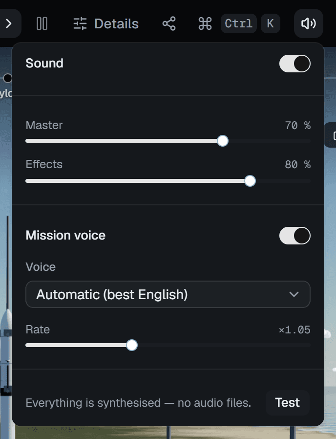 The sound popover: the Sound switch, Master and Effects sliders at 70 and 80 per cent, the Mission voice switch, the Voice picker on Automatic, the Rate slider at 1.05, and a Test button