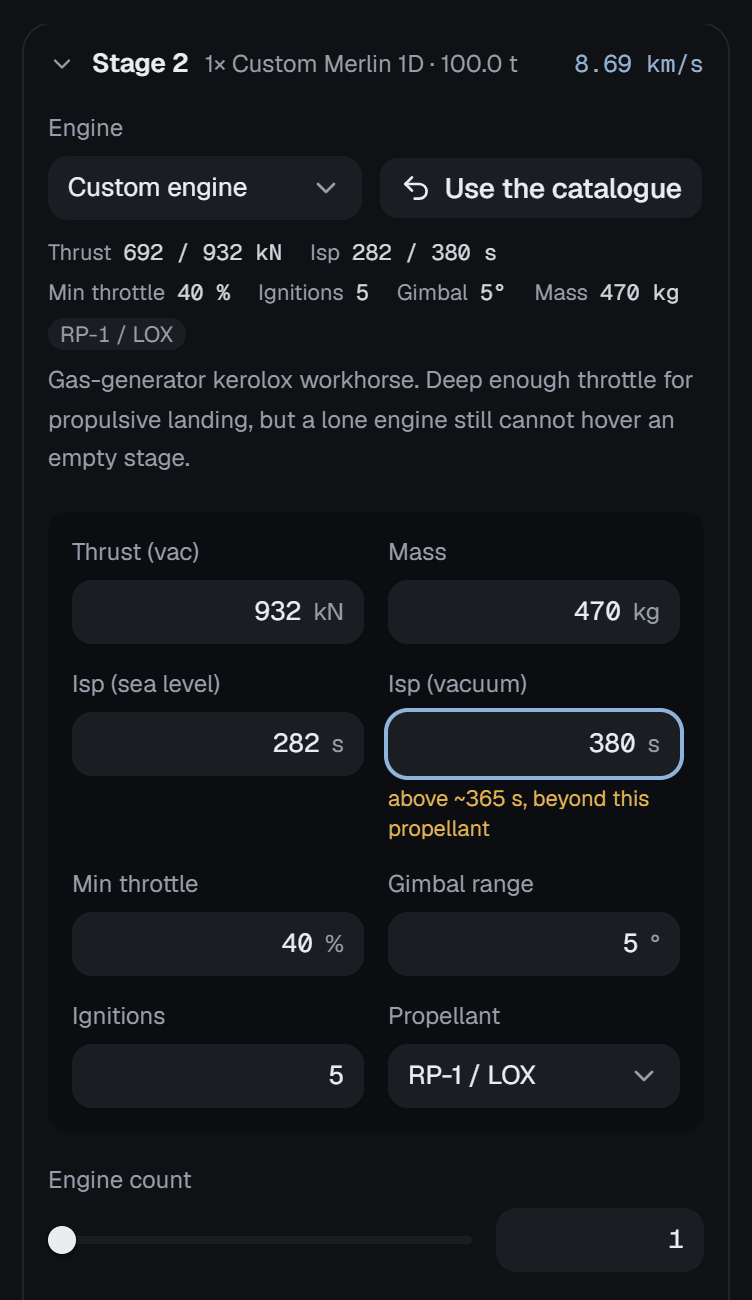 Aster's upper stage with a custom Merlin 1D: the engine picker reads Custom engine, the button reads Use the catalogue, and the vacuum specific impulse of 380 s carries the amber hint above ~365 s, beyond this propellant