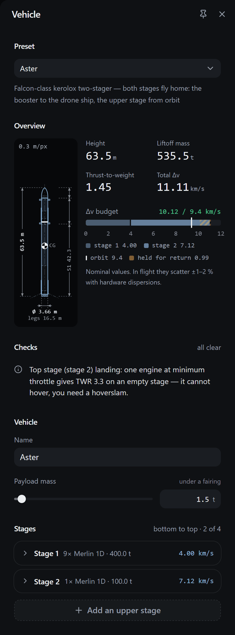 The Vehicle panel with Aster loaded: the preset picker, the overview with the blueprint, four large numbers and the delta-v budget bar, the checks, the name and payload, and two folded stage cards